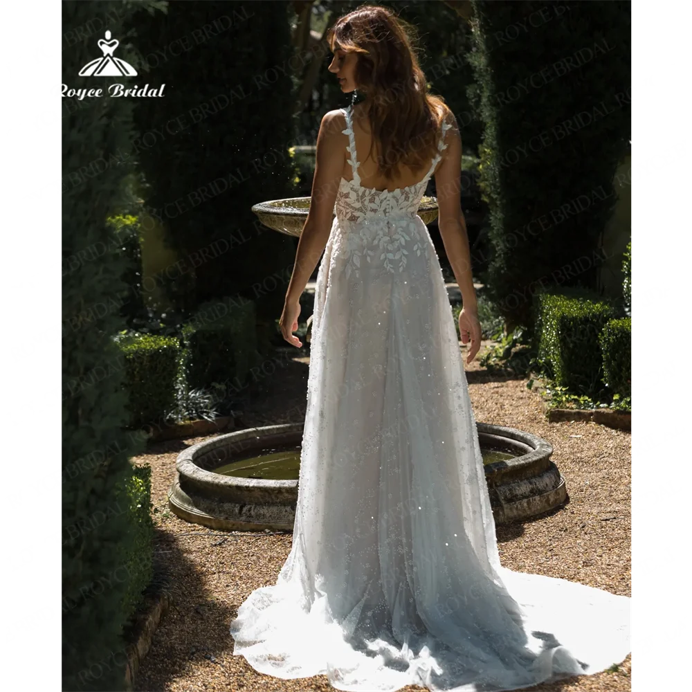 Roycebridal-vestido de novia de corte en A con cuello cuadrado, traje de boda con tirantes finos, corte en tren, 2025