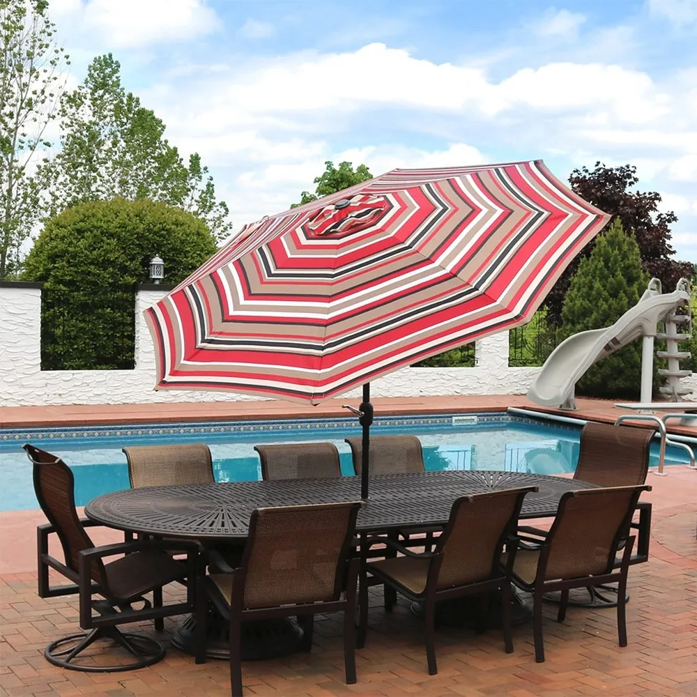 Sunnydaze 9-Foot Patio Umbrella with Push Button Tilt and Crank - Aluminum Pole with Polyester Canopy - Awning Stripe