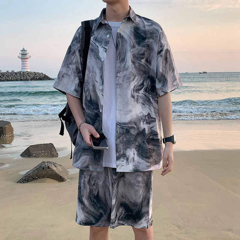 

Summer Mens Two-piece Sets Tie-dye Oversized Shirt and Shorts Thin Silky Suit Beach Travel Clothes Male