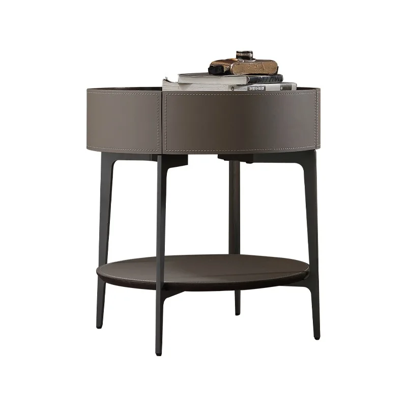 

Italian minimalist saddle leather round bedside table high-end simple light luxury living room