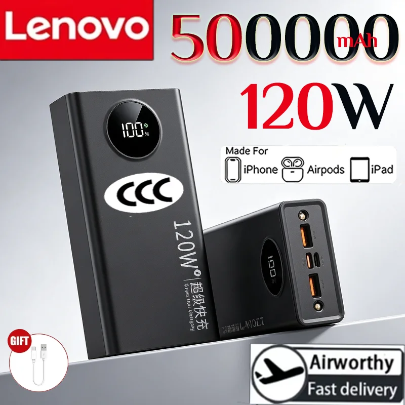 Lenovo NEW 3C 500000mAh PowerBank 120W Super Fast Charging Dual Way Digital Display External Battery For Xiaomi iPhone Samsung
