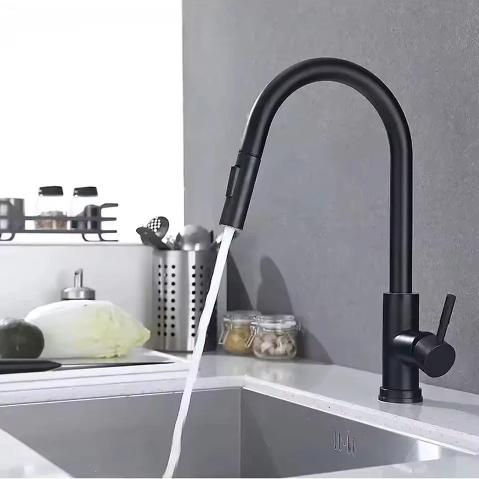 

Black Pull Out Kitchen Faucet Deck Mounted Flexible Hot And Cold Water Kitchen Sink Mixer Tap With Stream Shower Modes Nozzle