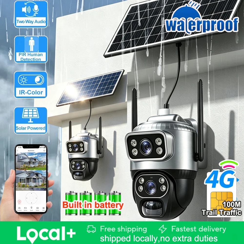 Caméra solaire 4G V380 extérieure étanche à double objectif, batterie, moniteur CCTV PTZ, prise en charge de la communication bidirectionnelle, détection humaine PIR, vision nocturne avec panneau solaire 8W
