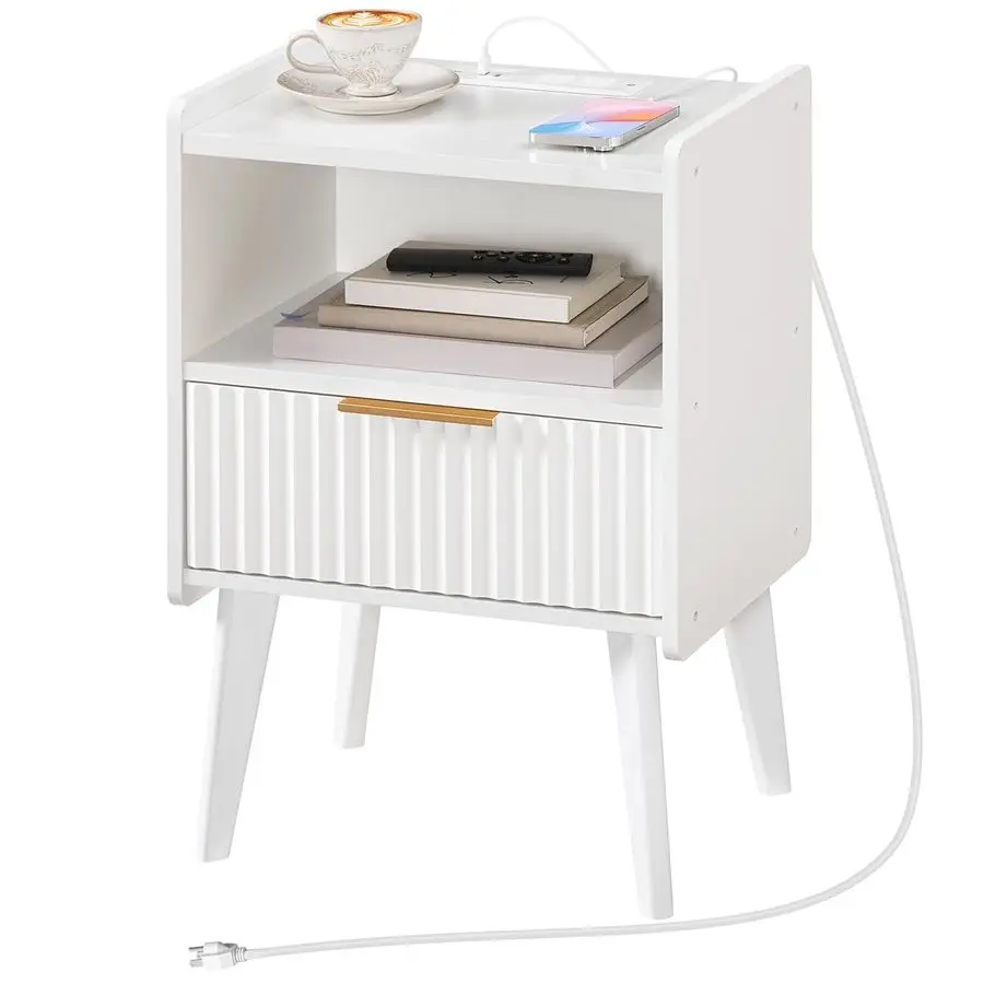 

Прикроватная тумбочка с зарядной станцией, современный прикроватный столик с ящиком и полкой для хранения, приставной столик с ножками из массива дерева, Nigh