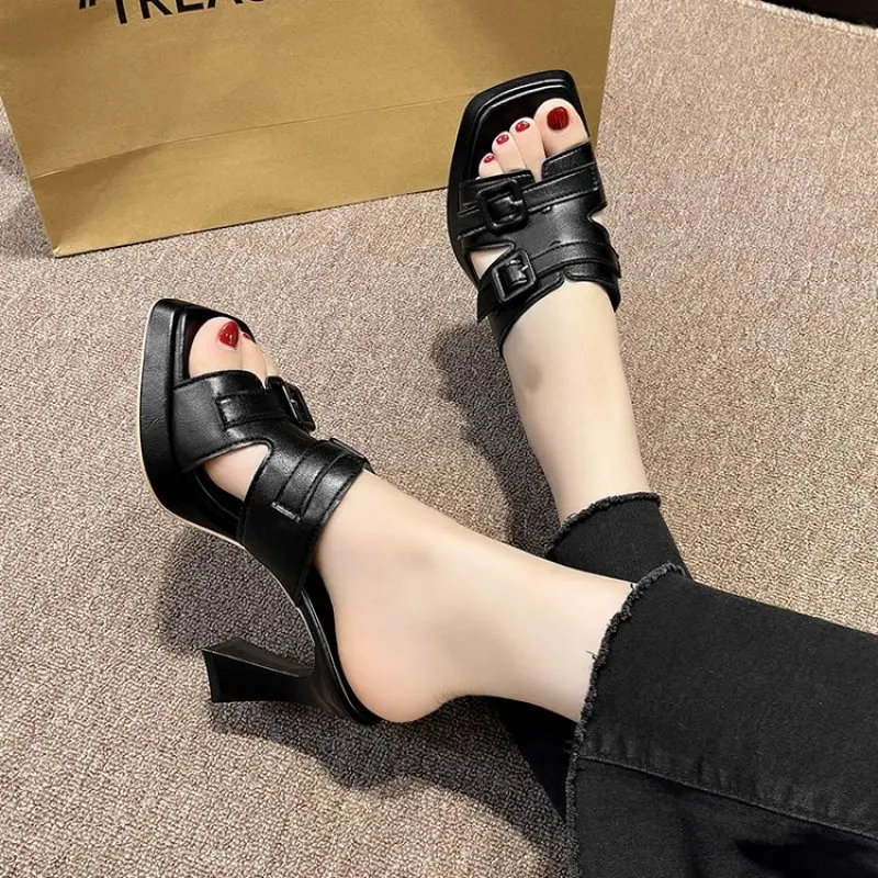 2023 Spring New Brand Women Slipper Fashion Buckle Pointed Toe Ladies Sandal Outdoor Slip On Mules Shoes Thin High heels