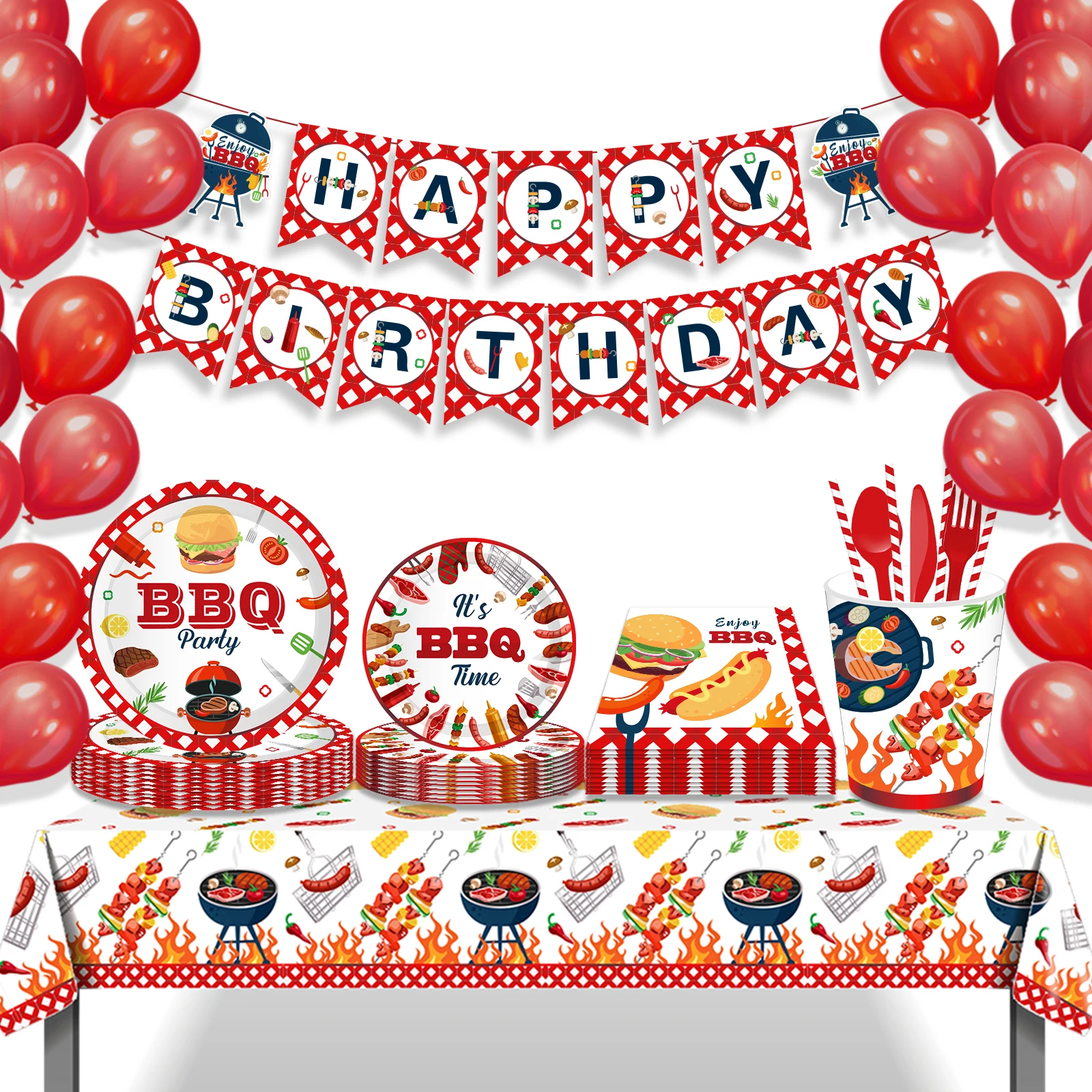 Vaisselle jetable pour fête de pique-nique Barbecue, assiettes à Hamburger, serviettes, tasses, nappe pour fête d'anniversaire, fournitures de table