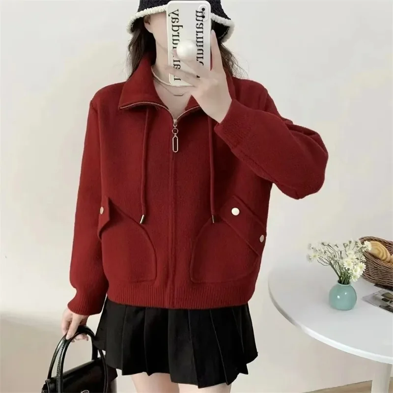 

Двустороннее шерстяное пальто на молнии для женщин, новинка 2026, весна-осень, короткая свободная модная трикотажная куртка, женский кардиган с высокой талией, верхняя одежда