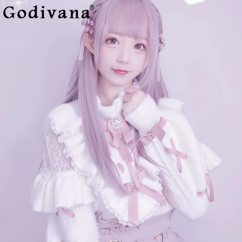 

Japanese Style Mass Produced Sweater Female Imitation Mink Velvet Spring New Lace Jumpers Women's High Street Knitted Pullovers