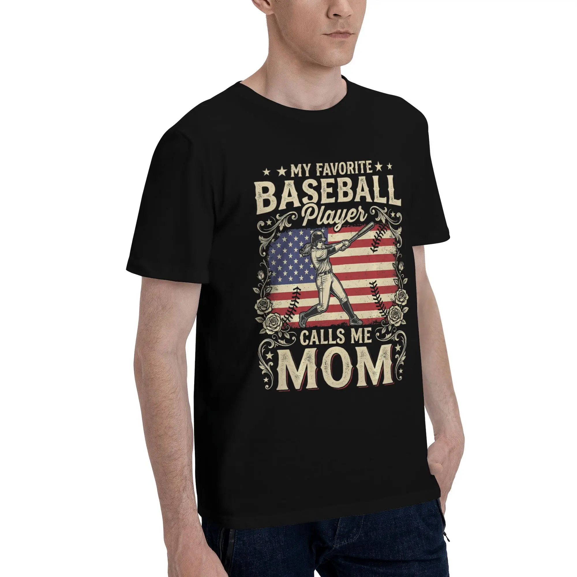 Mother Day My Favorite Baseball Player Graphic Funny 100% Cotton T-Shirt Mothers Day Tees Tops For Men