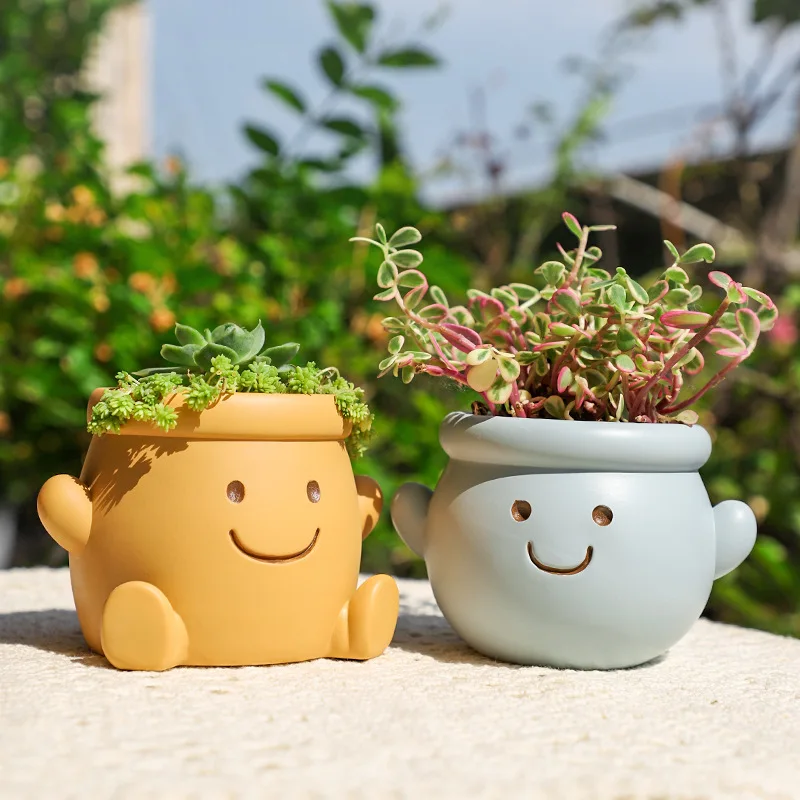 Smiley Face Flower Pot for Succulents Cactus Mini Bonsai Planter, Creative Garden Pots Decorative Figurines Home Desktop Decor