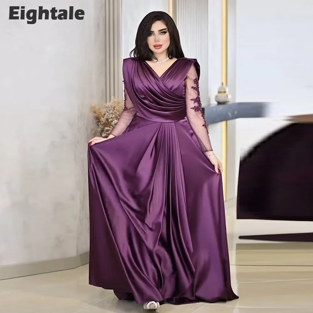 

Eightale Arabic Evening Dress V-Neck Appliques Beaded Long Sleeves Purple Formal Mermaid Prom Party Gowns robe de soirée