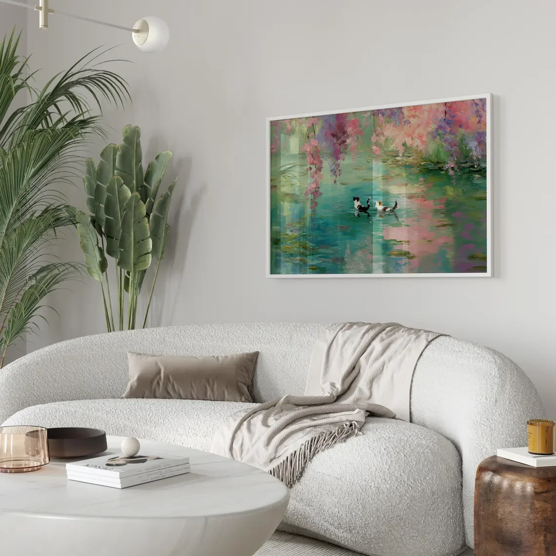 Whimsical Monet Style Cats Wall Print Decor - Dreamy Impressionist Oil Painting of Two Cats Wading in a Water Lily Pond, Inspire