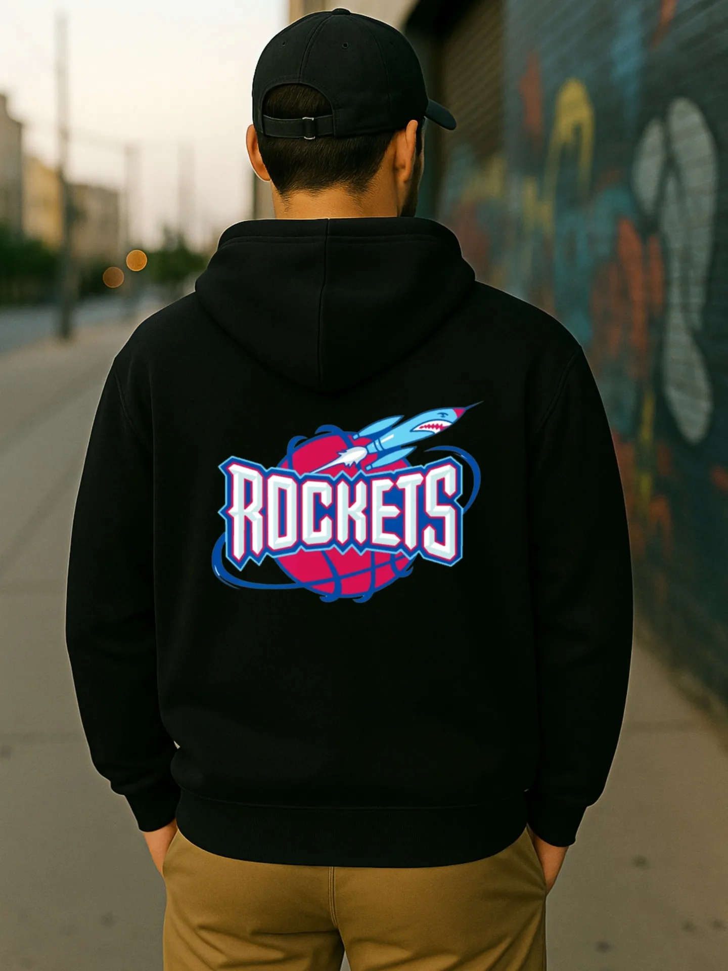 Graphic Hoodie Men, Rockets Print, Streetwear Style, Fleece Lined, For Young Men, For Everyday Wear