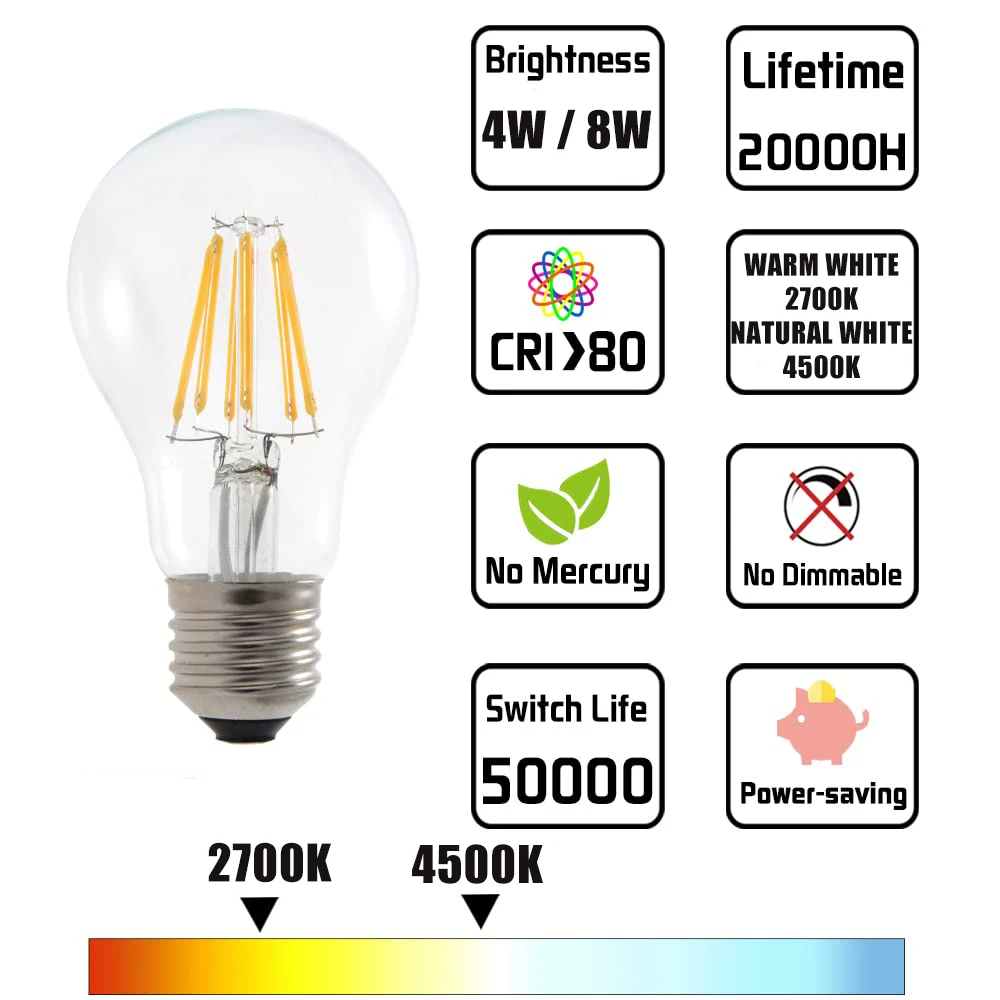 Imagem -03 - Edison Led Bulbo de Filamento Vidro Transparente Lâmpadas Brancas Naturais Mesa de Sala de Estar Interior 220v 4w 8w A60 4500k E27 A19