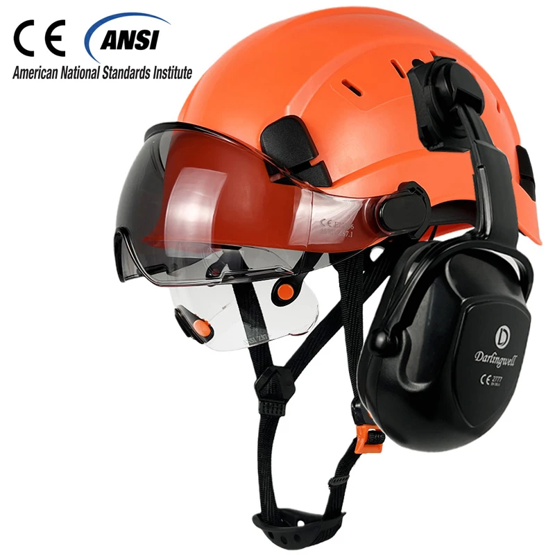 CE Construction Safety Helmet With Visor Built In Goggle Earmuffs For Engineer Hard Hat ANSI Industrial Work Cap Head Protection