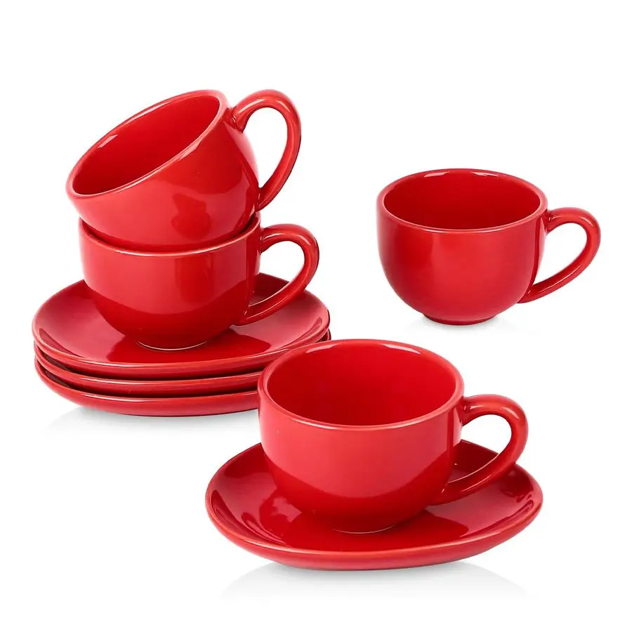 

6.5 oz Cappuccino Cups with Saucers, Set of 4, Ceramic Coffee Cup for Au Lait, Double shot, Latte, Cafe Mocha, Tea Red