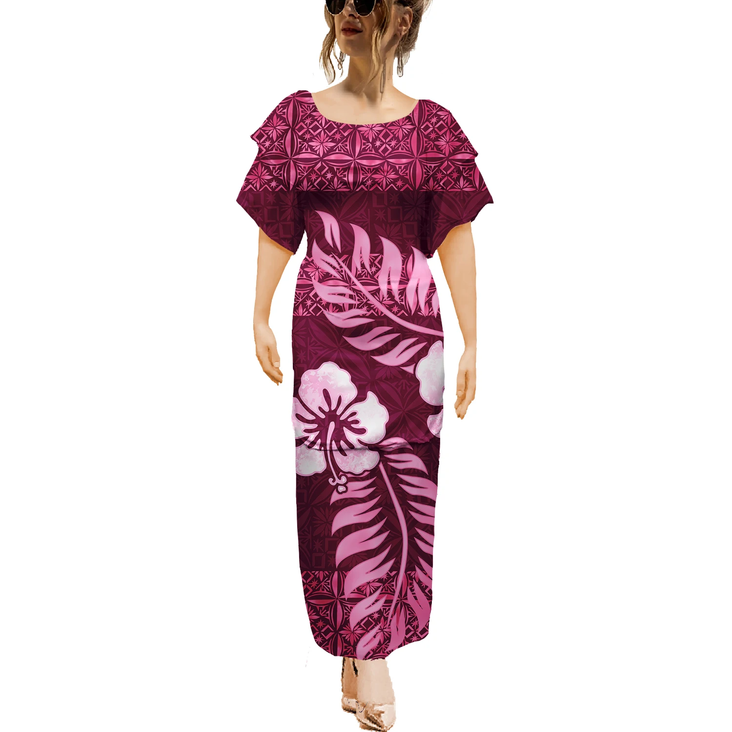 Plus Size Women's All Seasons Hawaiian Tropical Style Short Sleeve Puletasi Samoa Dress 2 Piece Set Island Dress