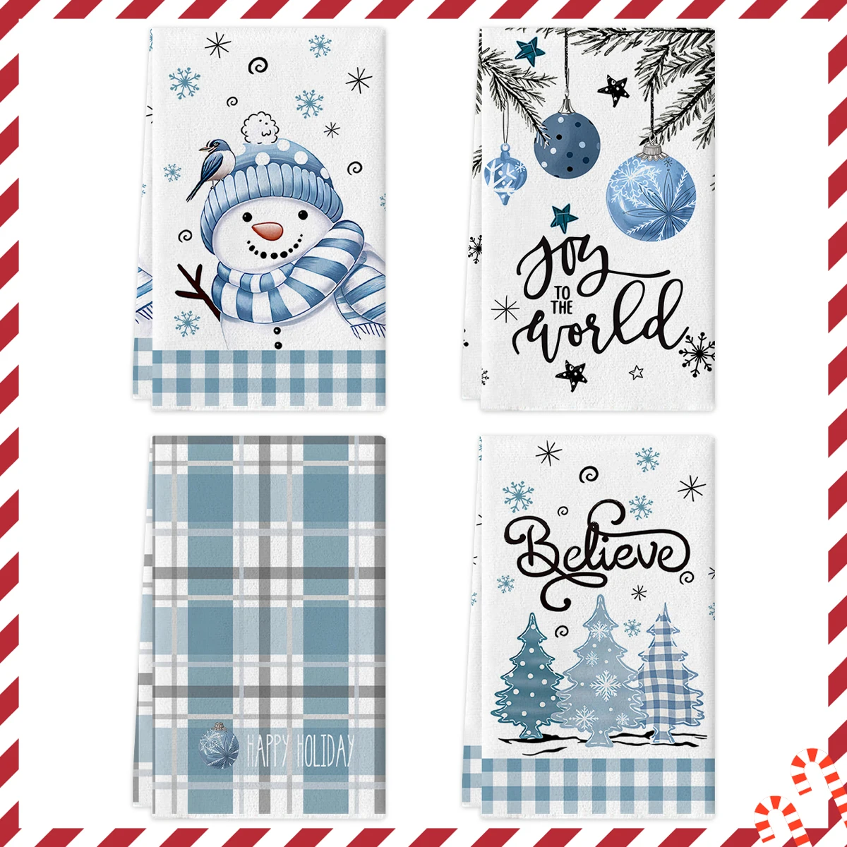 2/4Pcs Christmas Kitchen Towels, Snowman Snowflake Xmas Tree Plaid Print Absorbent Tea Towels Multi‑Purpose Dish Cloths