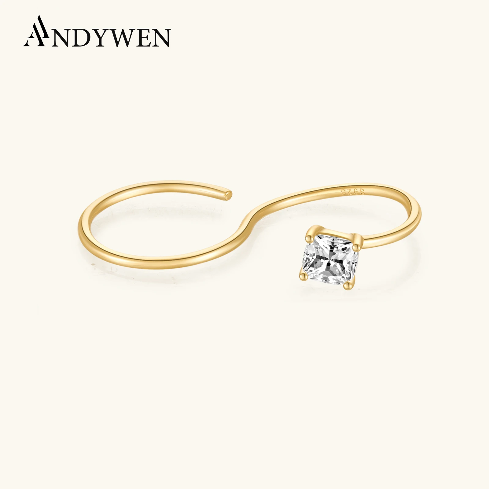 ANDYWEN 100% 925 Sterling Silver Gold dwa palce S geometryczne kobiety rozmiar pierścionek luksusowy kryształ szlachetna biżuteria 2024 S klejnoty