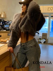 KONDALA Vintage Gray Fur Thick Jackets Women Long Sleevel O Neck Faux Leather Fur Coats Fashion 2024 Winter Party Evening Coats