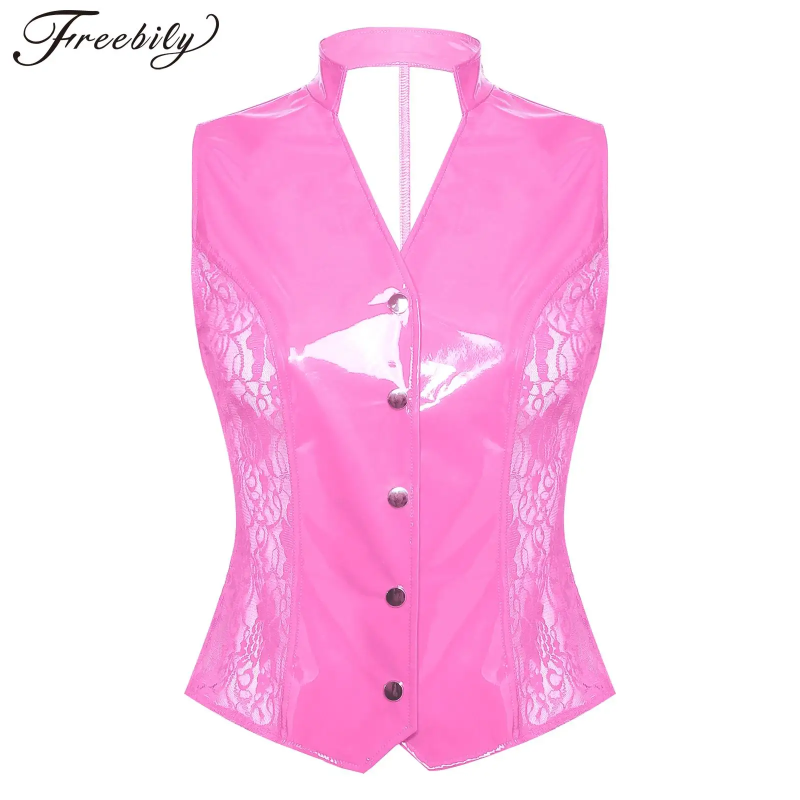 

Women Glossy PU Leather Vest Sheer Floral Lace at Sides V Neck Tank Top Sleeveless Button-down Blouse Nightclub Party Tops