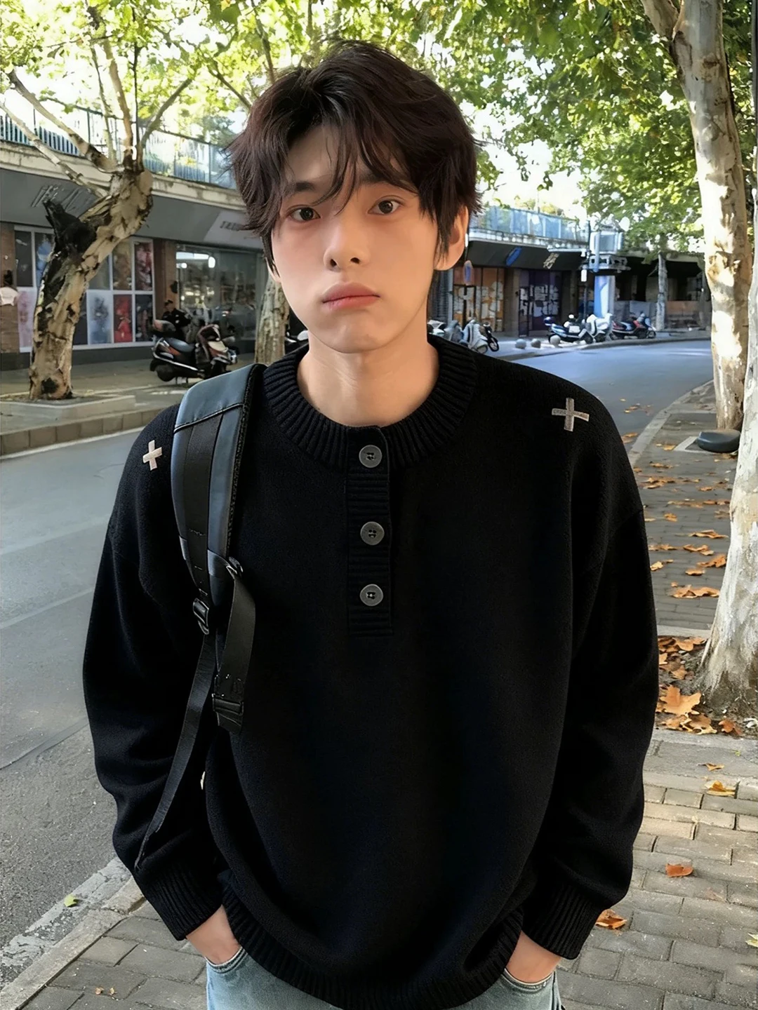 

Heavier Thiened American Sle Embroidered Henry Collar Knitwear for Men Autumn Winter Casual Loose Fit Inner irt