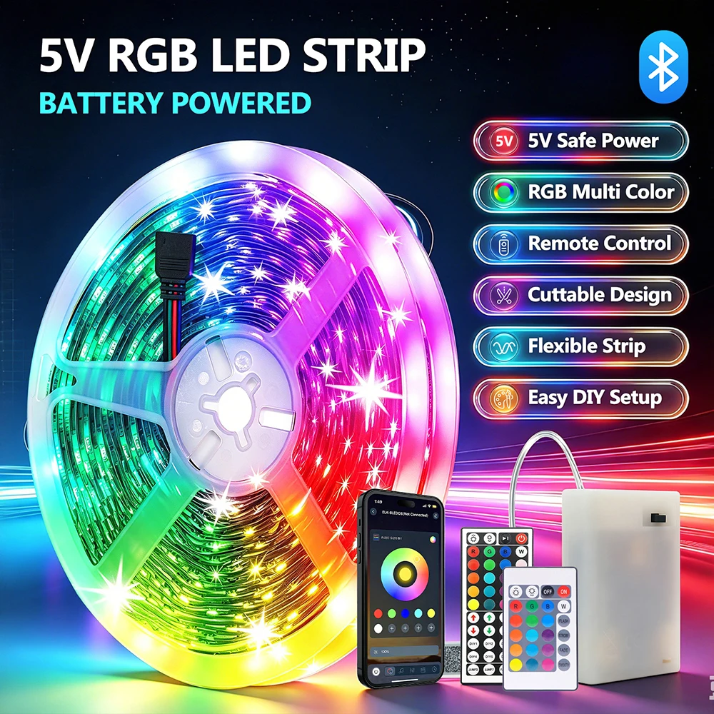 5V Battery Power 5050 RGB LED Strip Light Bluetooth 24 44 Key Remote Control Kit 30LEDs/m Flexible Tape Strips Waterproof IP65