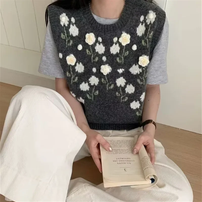 

Женский свободный многослойный антивозрастной модный летний осенний Новое поступление, круглый милый вязаный свитер с вышивкой в корейском стиле, жилет