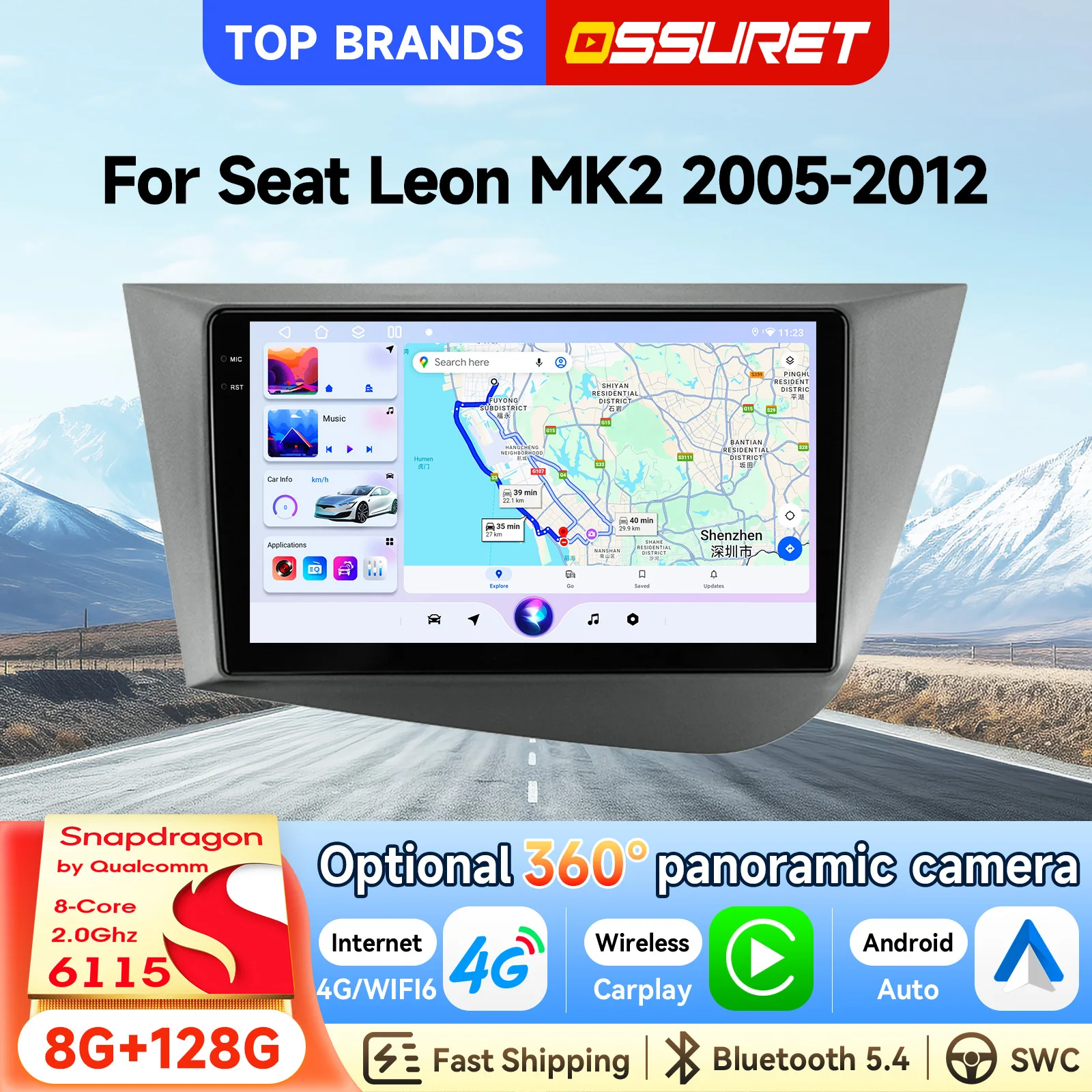 OSSURET Bestseller 2 Din 9 Zoll Android 15 Auto-Multimedia-Player für Seat Leon MK2 2005-2012 Linkslenker, kabelloses CarPlay, Android Auto, Bluetooth-Freisprecheinrichtung, Mirror Link, RDS,