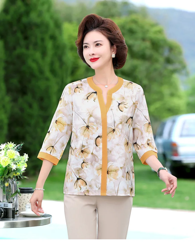 

Chinese style printing Middle sleeve Small V-neck middlle top shirt women's summer loose fit tops