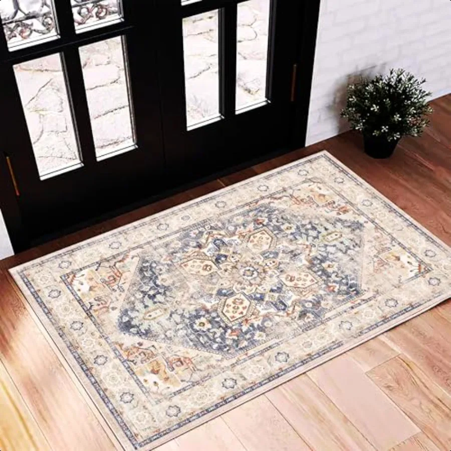 

2'x3' Blue Khaki Area Rug Washable Door Mat Distred Doormat Indoor Entrance Traditional Thin Floral Print Non Slip Carpet for