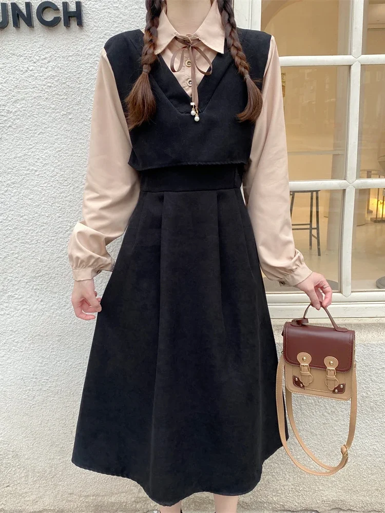 Vestidos de veludo vintage femininos preppy falsos duas peças reduzindo a idade outono moda coreana rendas roupas estéticas diariamente ins