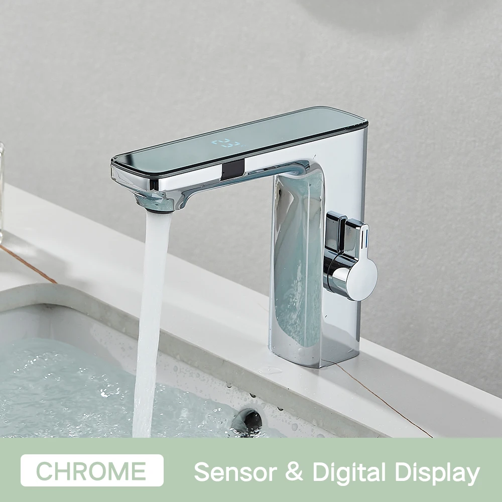 Rozin Touchless Sensor Wastafel Kraan Smart Digitale Display Badkamer Wastafel Kranen Grijs Messing Gevoel Warm Koud Water Mengkraan Kraan
