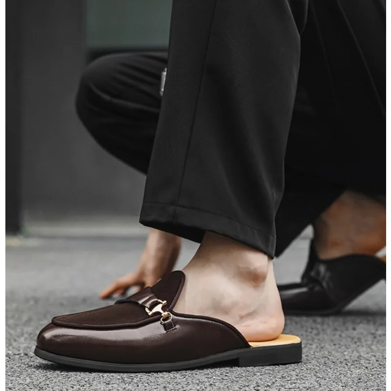 Hight Quality Summer New British Street Style Leather Mules for Men's Hombre Daily Outdoor Slippers Big Size，Fashion Man Shoes
