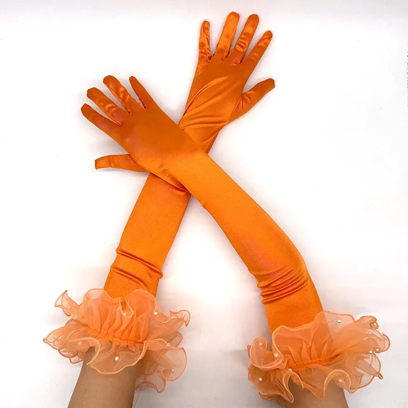 New Women's Gloves 55Cm Long Orange Lotus Leaf Sleeve Gloves, European and American Fashion Dance Party Gloves C105