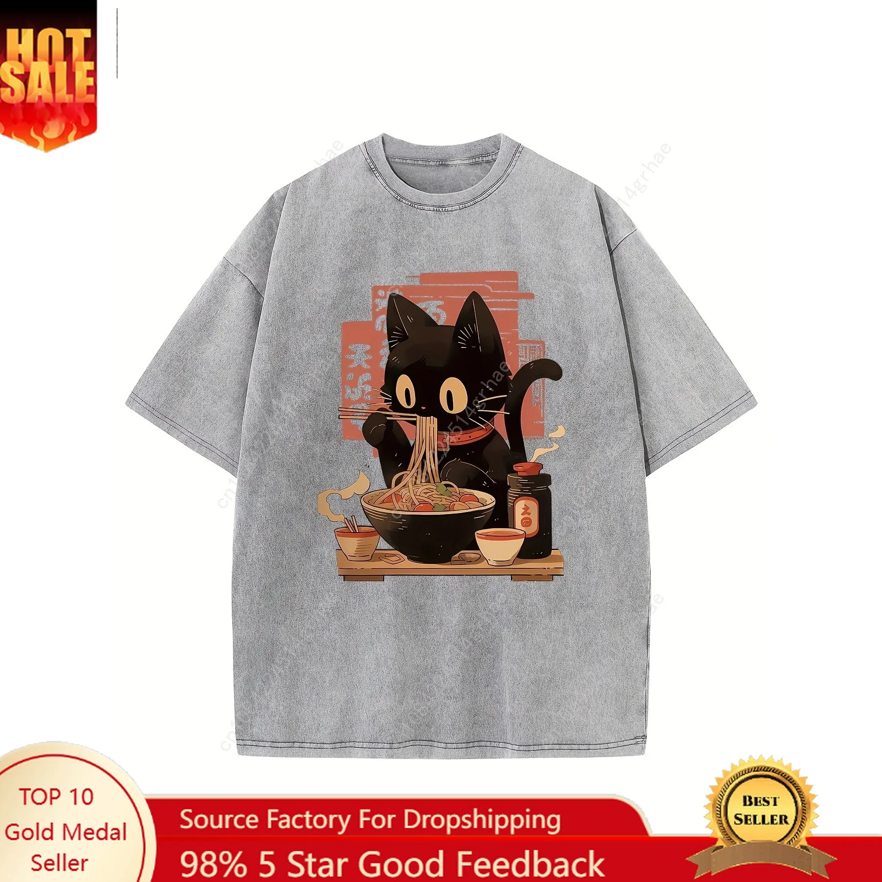 

Noodle-Eating Cat Cartoon Fashion Series New Men's T-shirts with Washed Prints Stylish Men's Pattern T-shirts