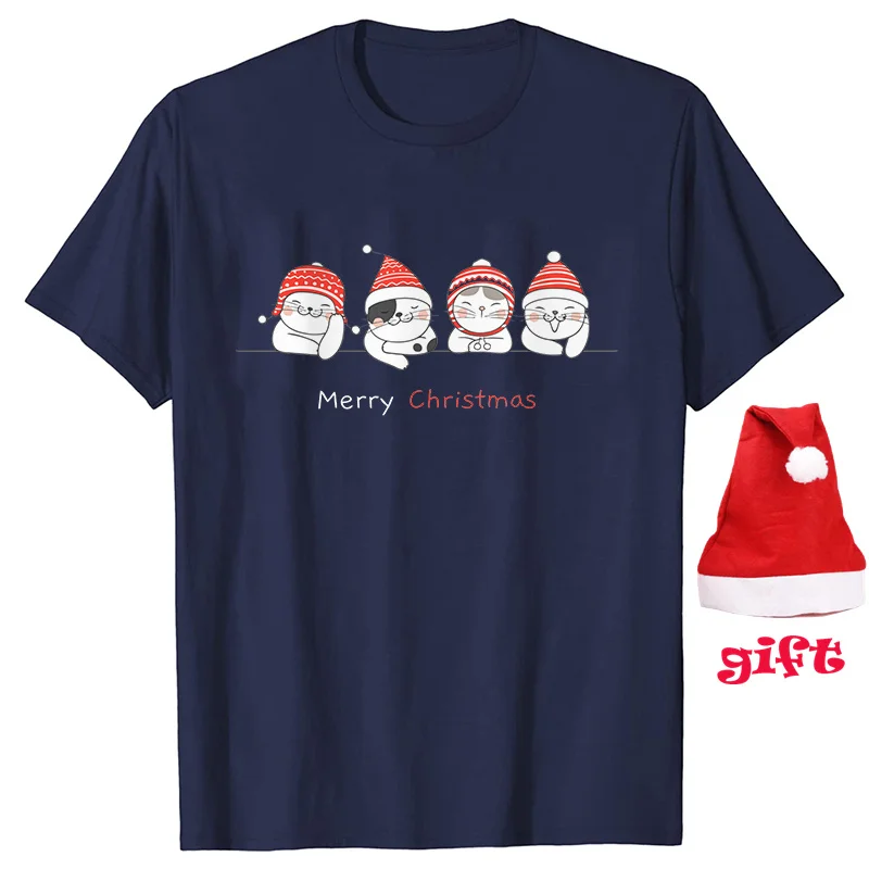 Cute Christmas Cat Kawaii Tee Tshirt Woman Short Sleeve T Shirt Harajuku Party Trendy Y2k Tops with Christmas Hats