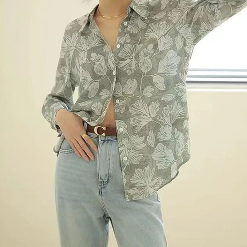 

Elegant Fashion Harajuku Slim Fit Female Clothes Loose Casual All Match Outerwear Printed Button POLO Collar Long Sleeve Blouse