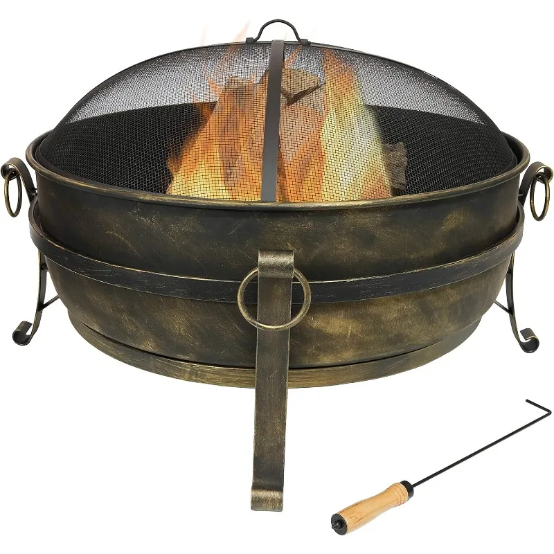 

34-Inch Cauldron Style Outdoor Fire Pit Bowl with Spark Screen, Log Poker, and Wood Grate - Dark Bronze Finish