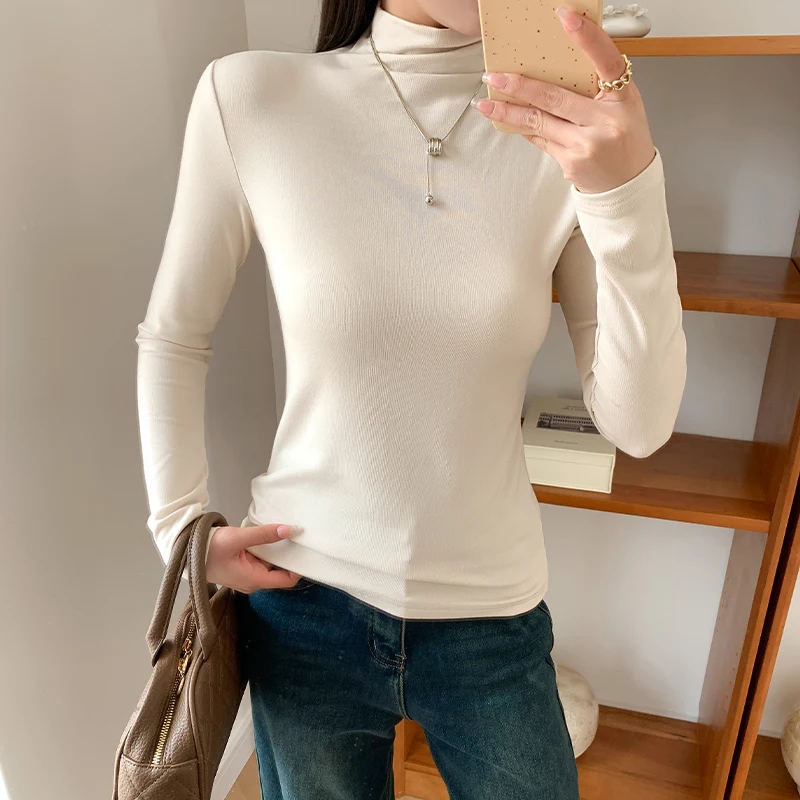 2026 Rollkragen-T-Shirt für Damen, Vintage Basic Strickoberteil im Koreanischen Stil, Einfache Basis-Schicht, Einfarbig, Vielseitig, Schlanke Passform