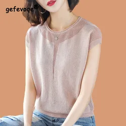 Summer New Bright Silk Female Clothes 2023 Round Neck Hollow Out Casual Tops Women Ice Floss Loose Knitting T-shirt