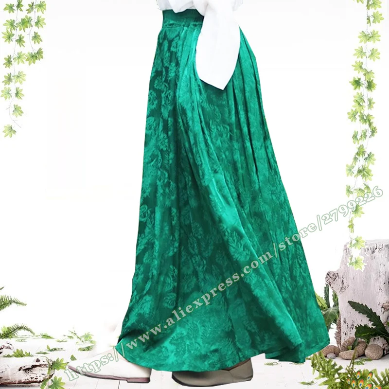 

Green Simulated Silk Jacquard Skirt for Women's 2024 Summer Plus Size elegant Retro Vintage Satin Hanging Pleated Ladies Skirt