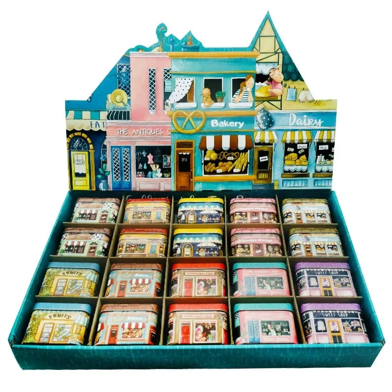 Mini Shop Design Collectables Tin Box Little House Seal Storage Box Candy Chocolate Container Small Packing Gifts for Kids Girl