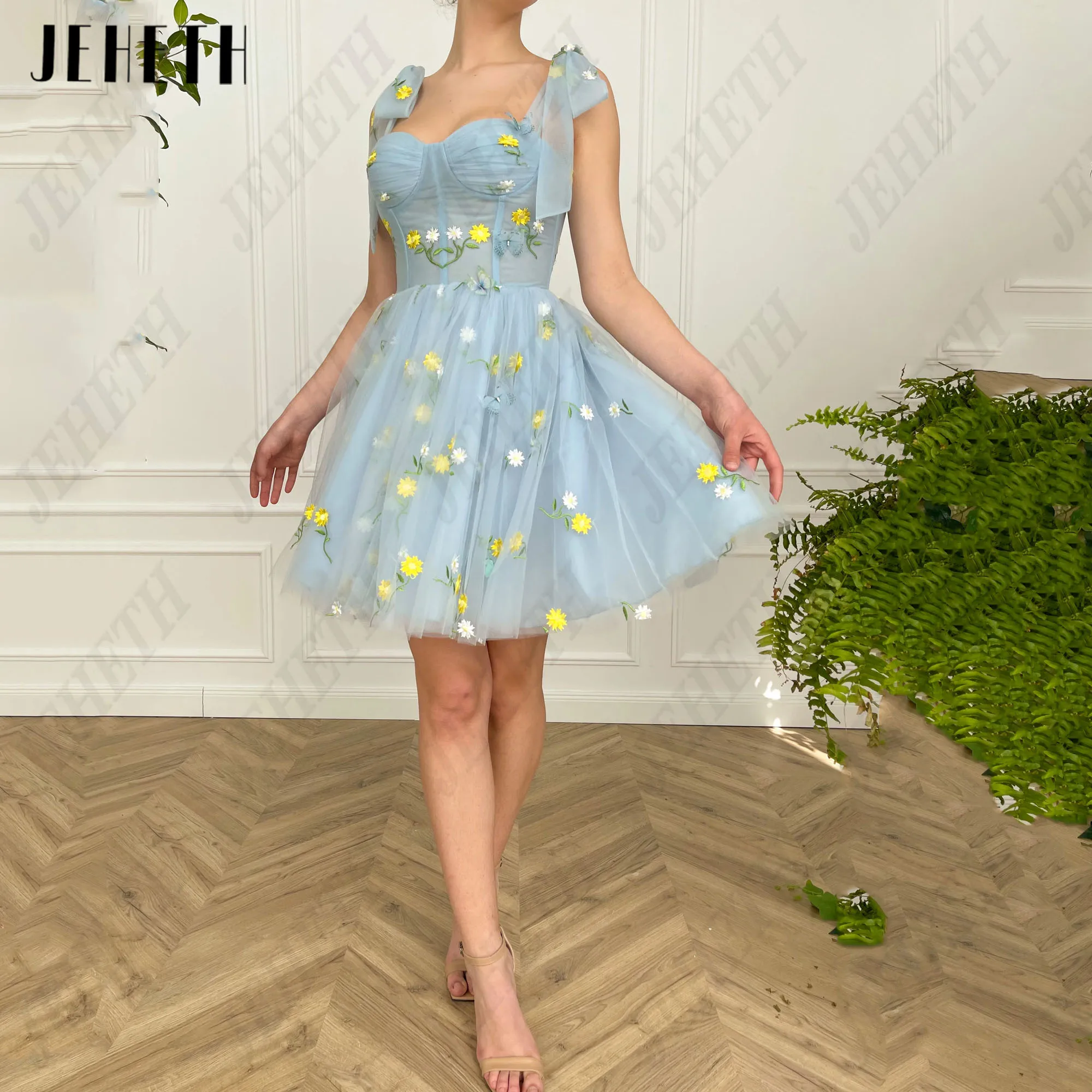 JEHETH abito da ballo in pizzo con scollo a cuore con spalline a-line Tulle Sky Blye sopra il ginocchio Mini abito da festa per donna personalizzatoJEHETH Sweetheart Pizzo Abito da Ballo Con Pacchetto Spaghetti Cinghie