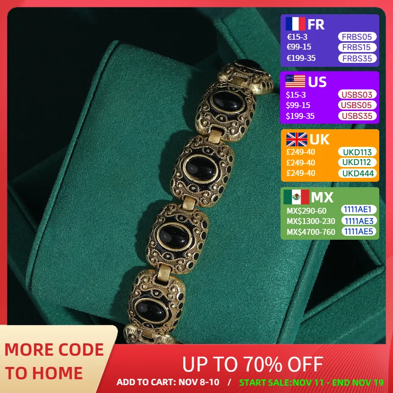 

Luxury Black Agate Bracelets For Woman Vintage Gold Color Natural Stone Charms Bangles Valentine’S Day Designer Accessories