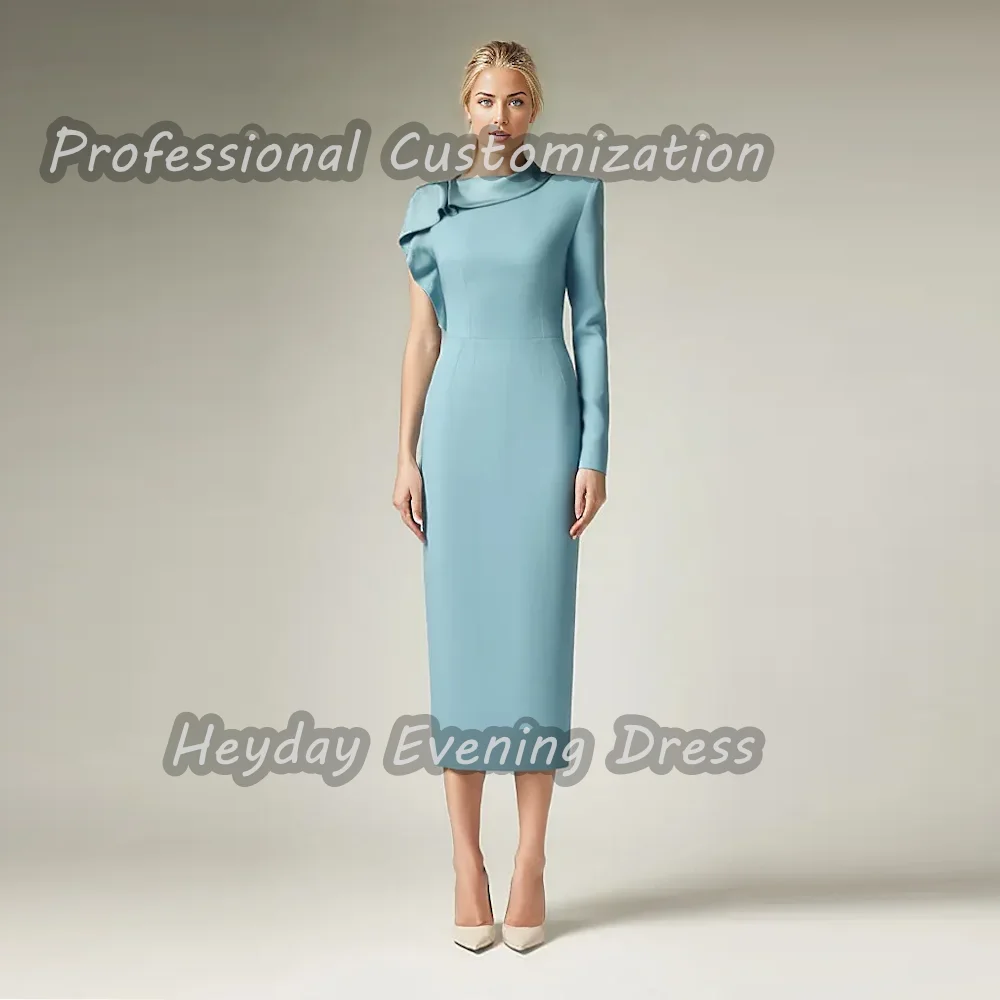 Heyday السعودية One Shoulder Ruffle Prom Gown Straight Crepe Long Sleeves Tea Length Elegant Dress For luxurious Woman 2024
