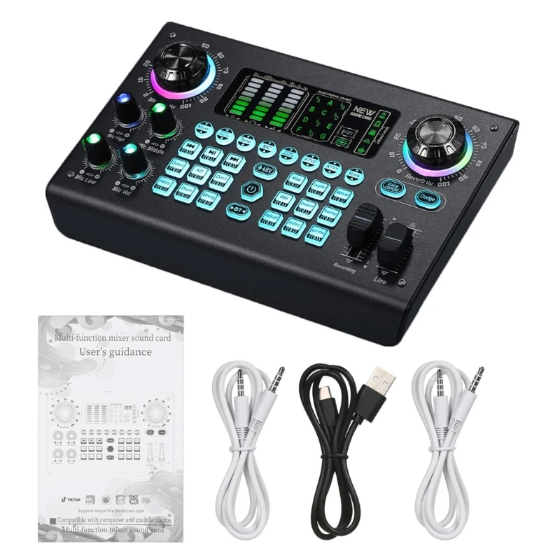 Sound Mixer Board Live Sound Card Voice Changer Sound Card with 15 Sound Effect for Live Broadcast Music Recording