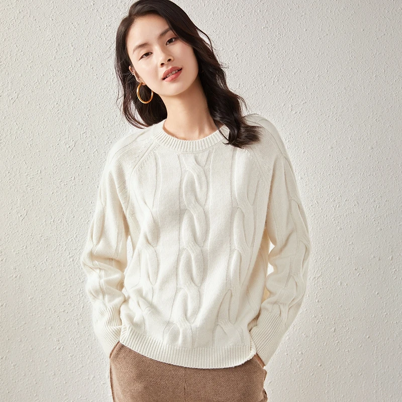 เสื้อไหมแคชเมียร์ถักลายดอกบิดเกลียว คอกลม แขนยาว สำหรับผู้หญิง ดีไซน์หรูหรา สไตล์ชาติพันธุ์ สำหรับฤดูใบไม้ร่วงและฤดูหนาว ผลิตจากไหมแคชเมียร์แท้ 100%