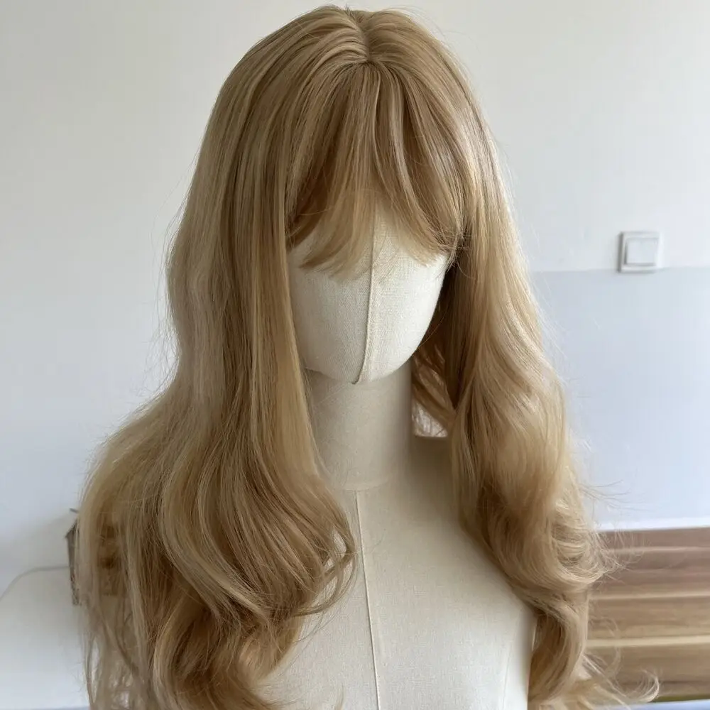 Long Wavy Blonde Dress Up Wig With Bangs Synthetic Hair Heat Resistant