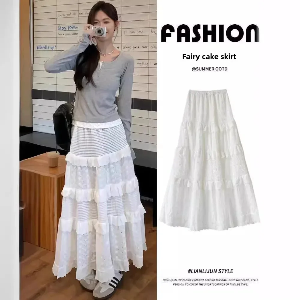 Pop 2024 New High-Waisted Slimming Lace Skirt White Women's Balletic Puffy Pleated Skirt Fashionable And Elegant